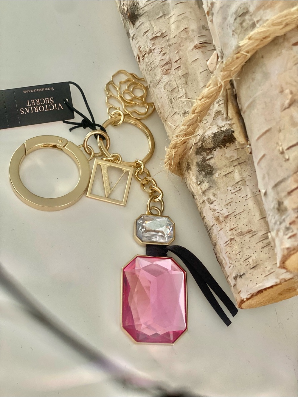 Victoria's Secret Gold Keychain with Pink Gem and Black Tassel